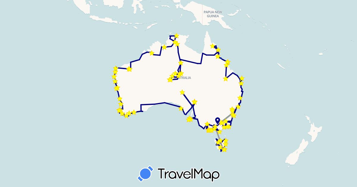 TravelMap itinerary: driving, bus, plane, hiking, boat in Australia (Oceania)