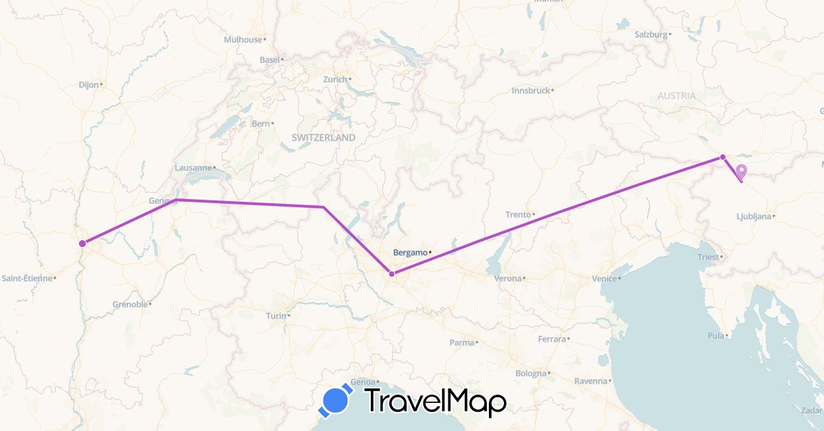 TravelMap itinerary: driving, train in Austria, France, Italy, Slovenia (Europe)